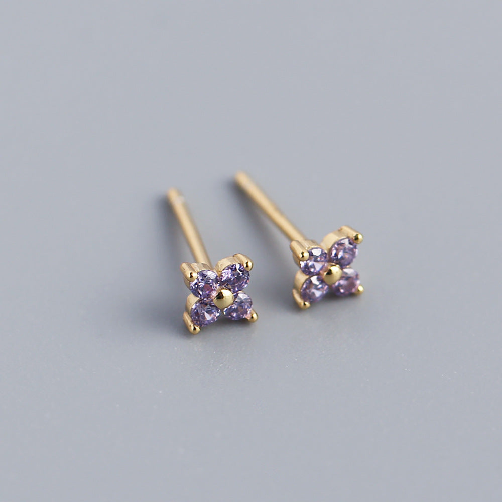 Wholesale Simple Diamond S925 Silver Four-leaf Flower Sweet Small Colorful Flower Earrings